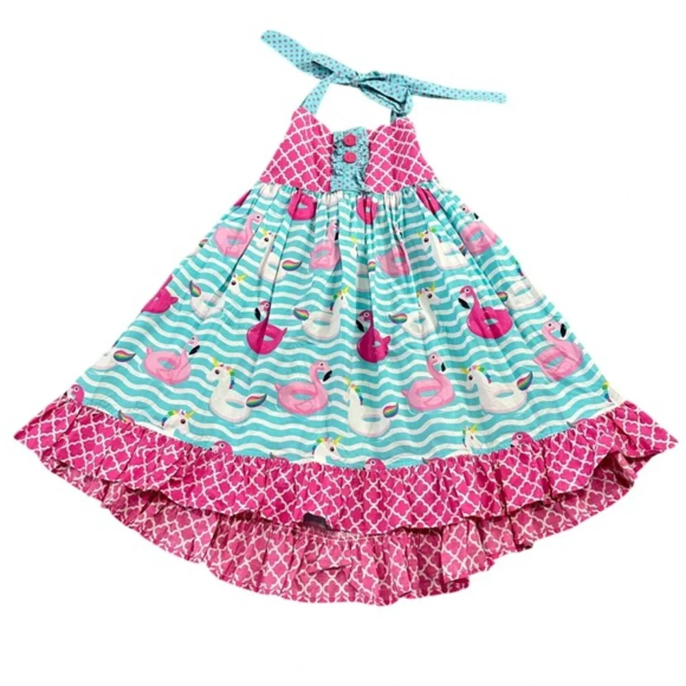 Eleanor Rose Daphne Dress Girls Size 7-8 Pink Teal Flamingo Unicorn Halter